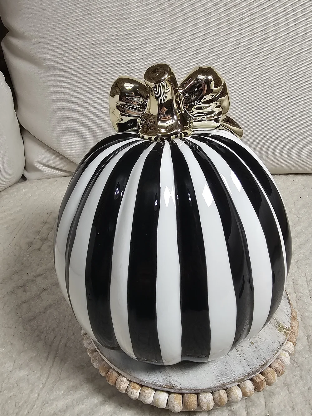 Black and White Striped Decorative Pumpkin with Gold Bow 8